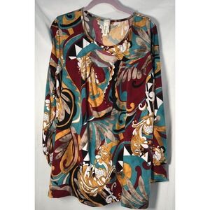Crepas Women's Multicolor Patterned Keyhole Neck Long-Sleeve Top - Size XL